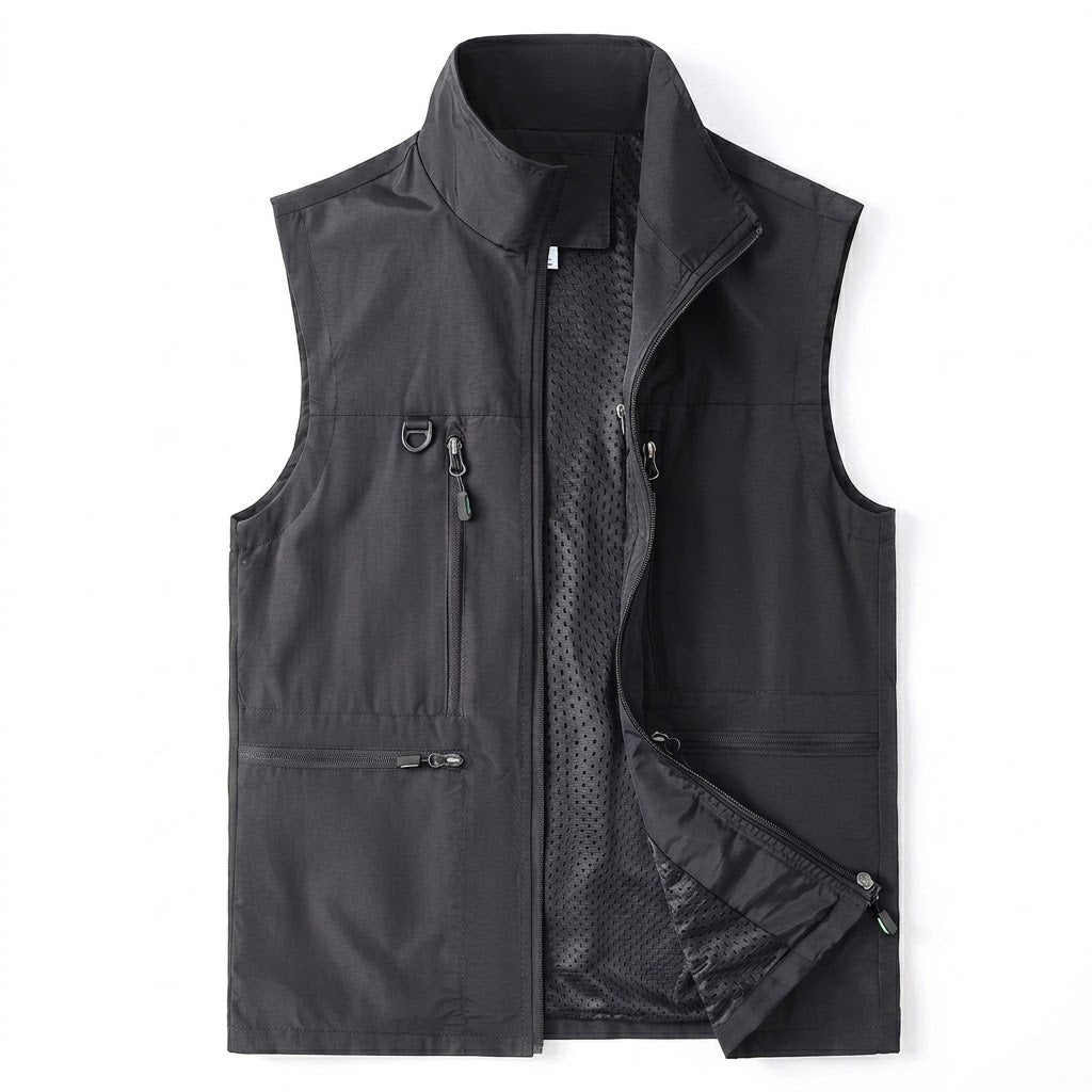 Herren Multifunktionale Outdoorweste mit Mesh‑Futter, Hochkragen und Reißverschlusstaschen EB