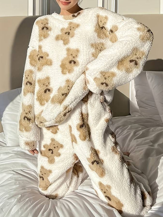 EB - Bequemes weißes Bärenmotiv Loungewear-Set für Damen