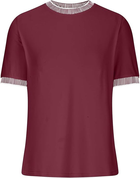 Damen Lässiges Kurzarm-Shirt mit Modischem Streifenkragen EB