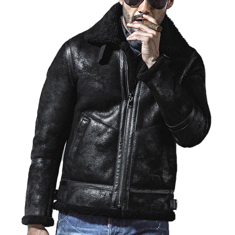 Herren Lammfell-Bikerjacke mit luxuriösem Teddyfutter und praktischen Details EB