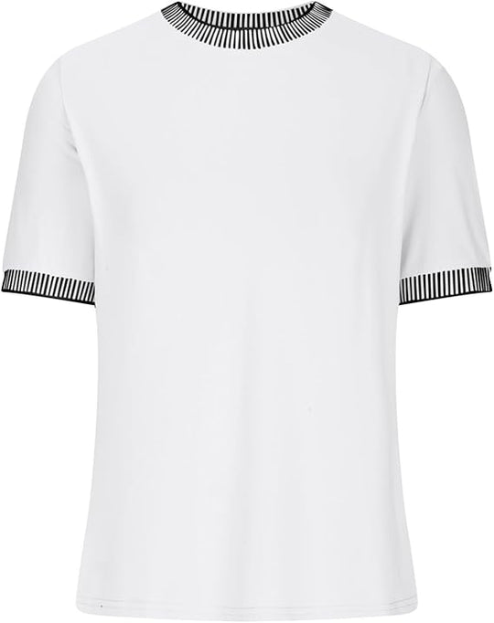 Damen Lässiges Kurzarm-Shirt mit Modischem Streifenkragen EB