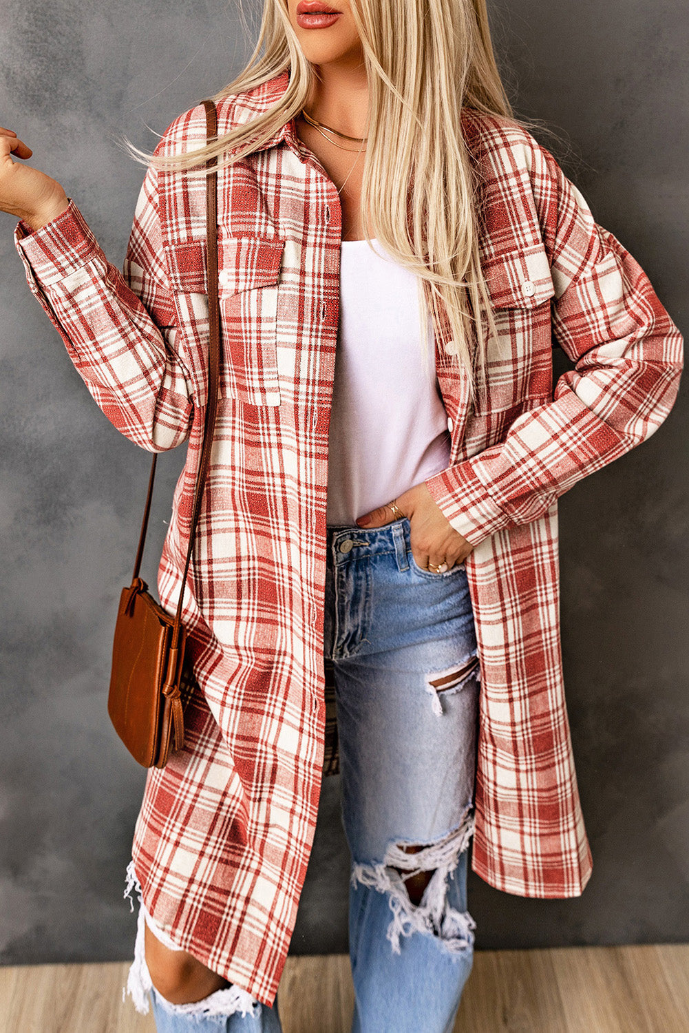 EB | Karierter Button-Up Longline Shacket mit Brusttaschen