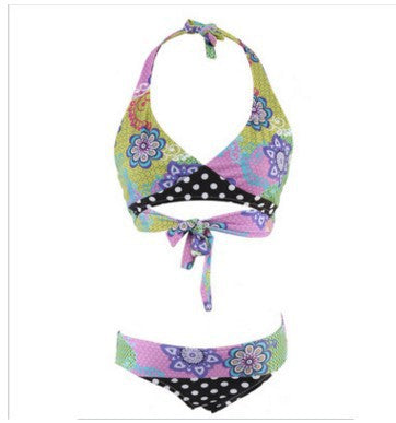 Damen Triangel-Bikini mit lebhaftem Blumenmuster und gepunktetem Höschen EB