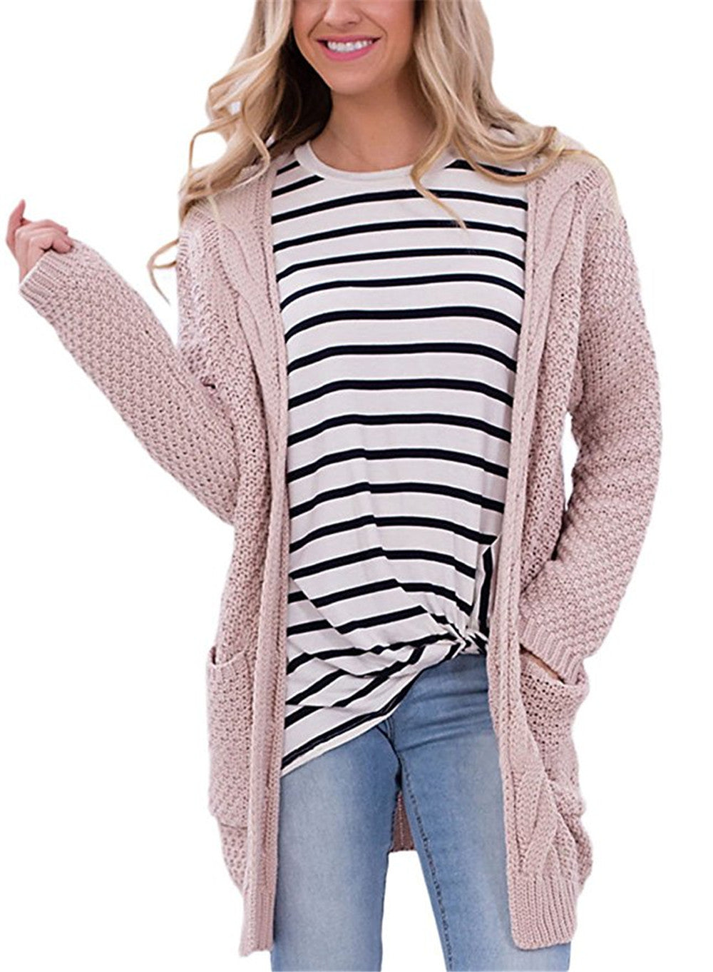 Damen lässige Strickjacke mit großen Taschen und offenem Design EB