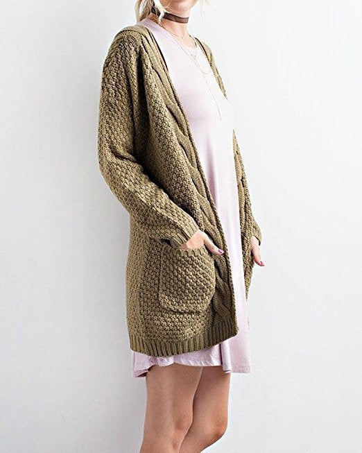 Damen lässige Strickjacke mit großen Taschen und offenem Design EB