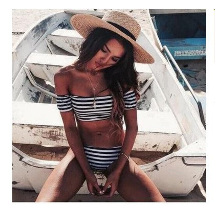 Damen Off-Shoulder Bikini-Set mit maritimem Streifenmuster EB