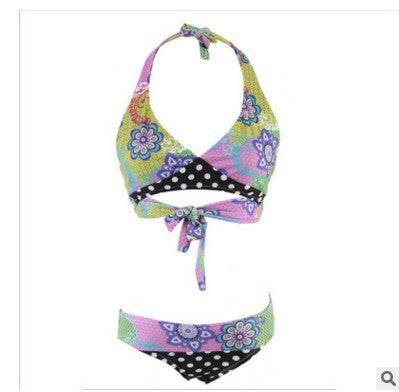 Damen Triangel-Bikini mit lebhaftem Blumenmuster und gepunktetem Höschen EB