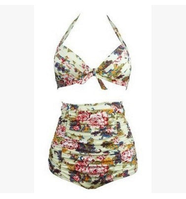Damen Hoch tailliertes Bikini-Set mit floralem Design und Raffungen EB