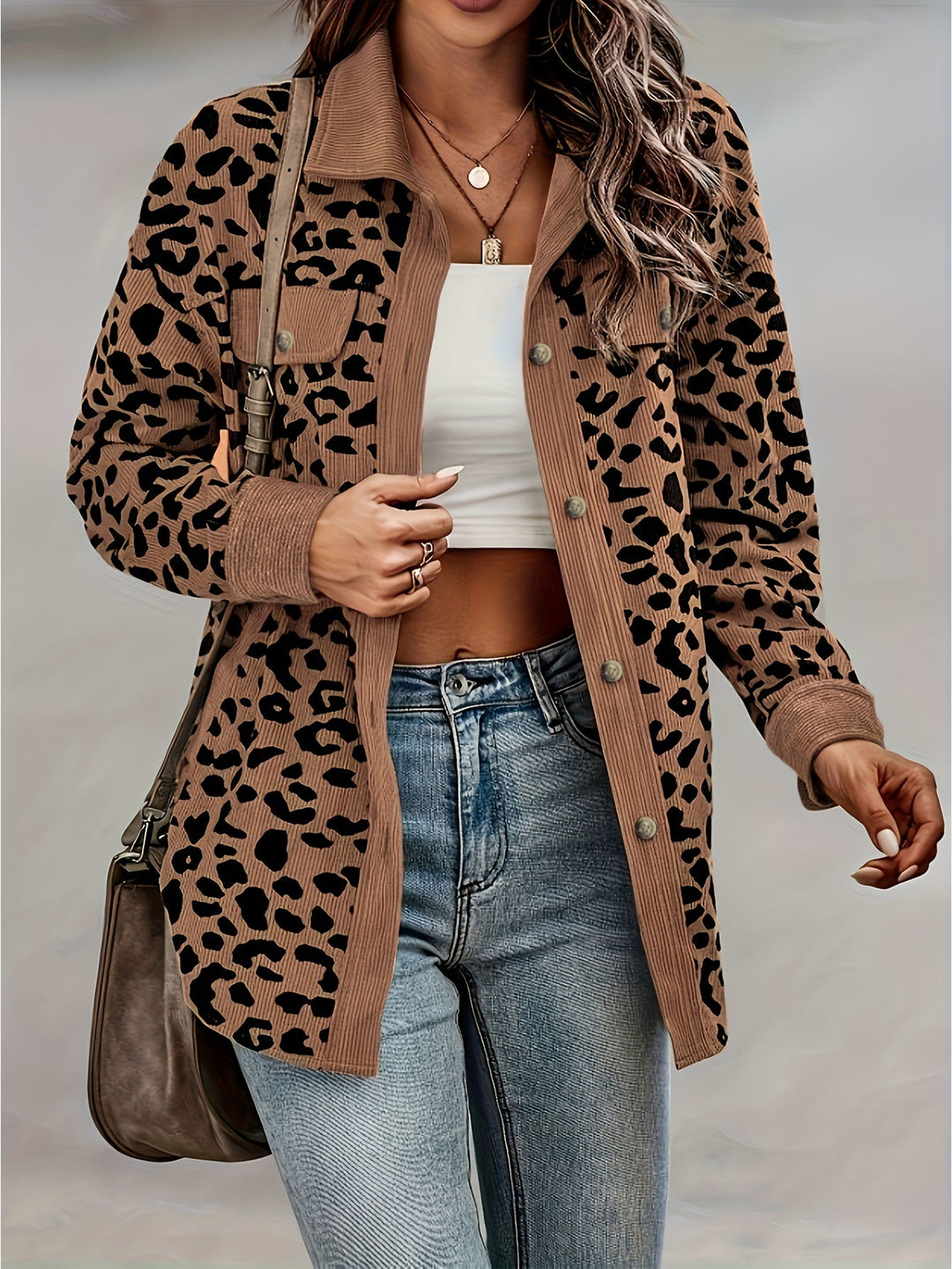 EB | Leopardenmuster Langhe Hemdbluse Polyester Stilvoll und Trendy