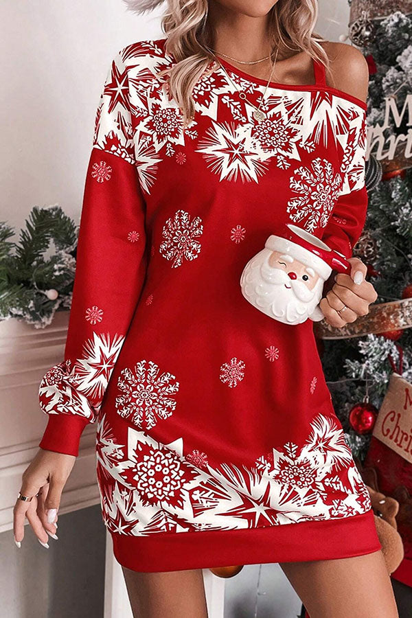 EB | Weihnachts-Schneeflocke Kalt-Schulter Lockeres Sweatshirt Mini Kleid