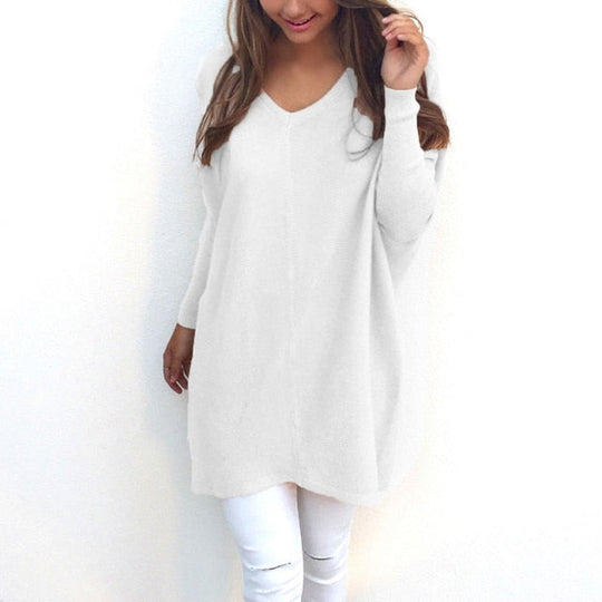 EB - Sweater |Eleganter langer Pullover mit V-Ausschnitt für Damen