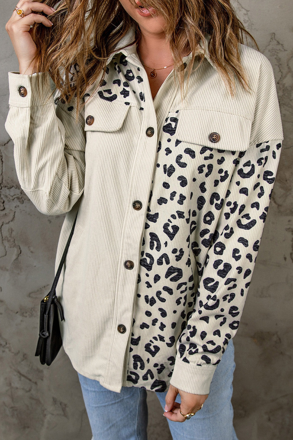 EB | Double Take Leopard Print Pocketed Cord-Jacke