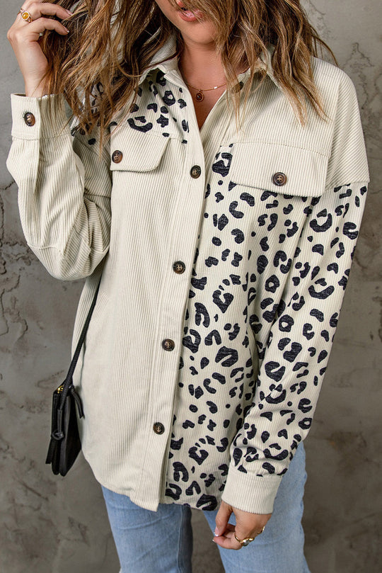 EB | Double Take Leopard Print Pocketed Cord-Jacke