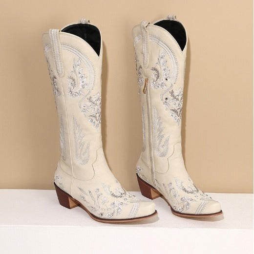 EB | Bestickte Western Denim Retro Damen Knielange Stiefel