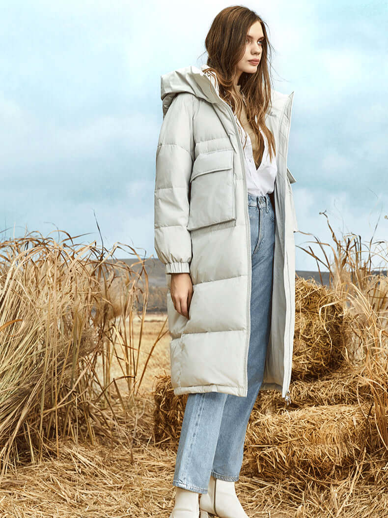 EB | Damen Lange Winter Pufferjacke mit Kapuze