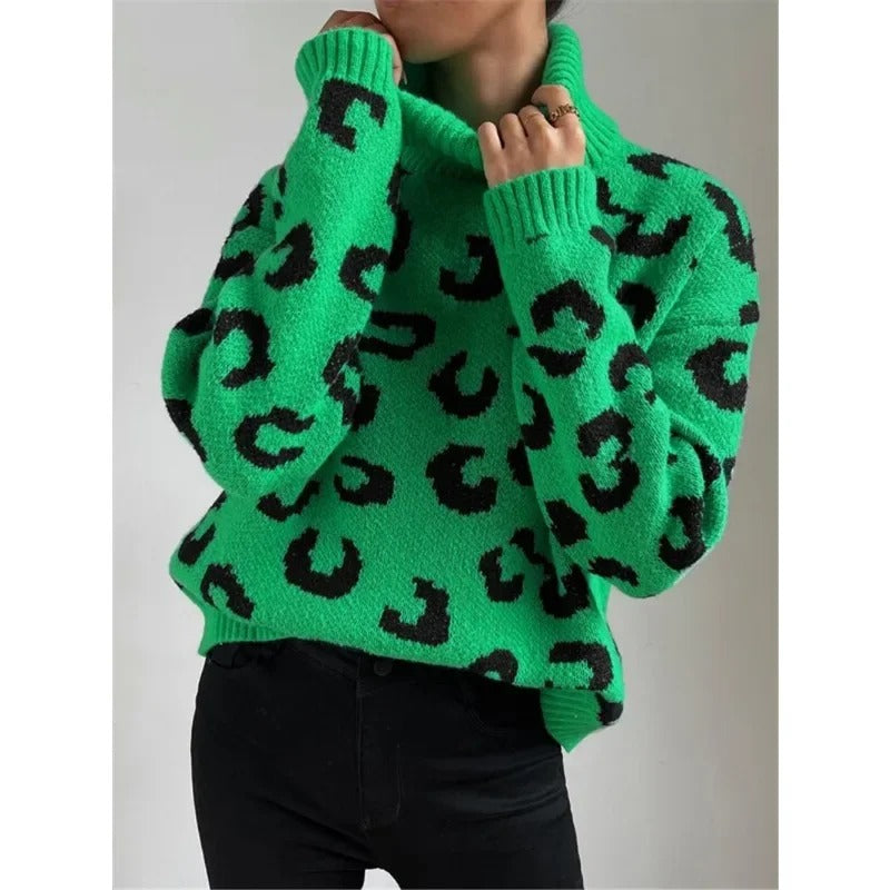 EB | Lässiger Rollkragen-Strickpullover mit Leopardenmuster