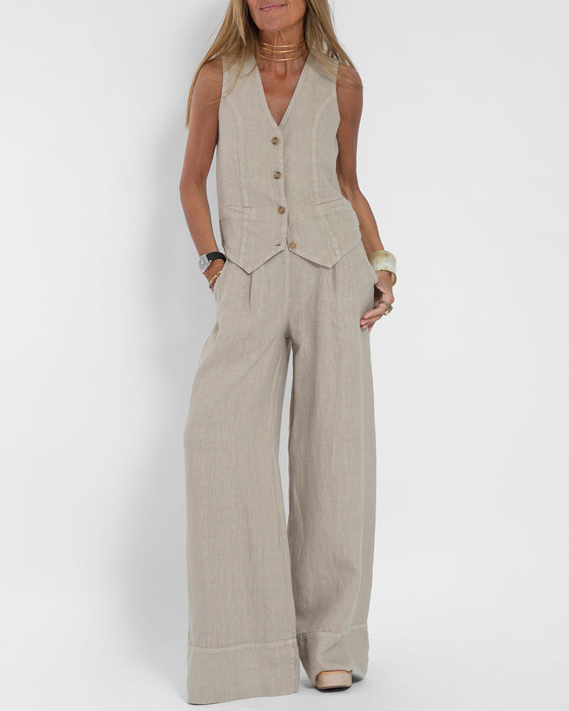 EB | Elegantes 2-Teiliges Set Leinen Weite Hose & Weste