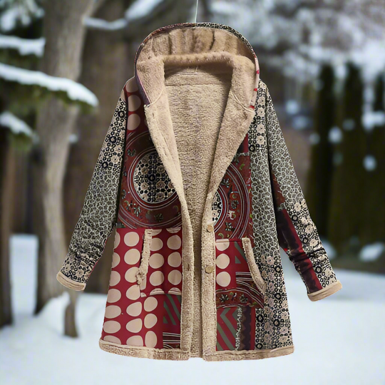 EB | Langer Patchwork-Mantel Gefüttert mit Fleece Kapuze & Knopfverschluss Lässiger Look