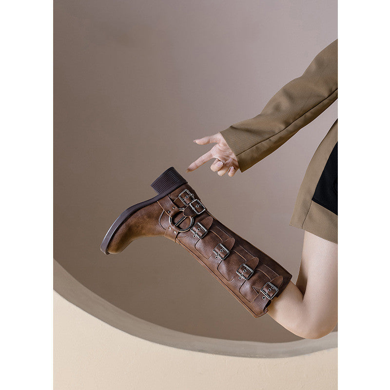 EB | Frauen Sommer Gürtel Schnalle Chunky Absatz Martin Stiefel