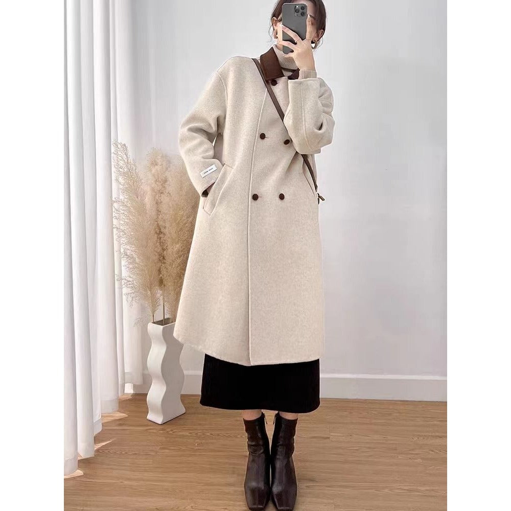 EB | Wollmischung Lange Jacke mit Braunem Kragen für Damen