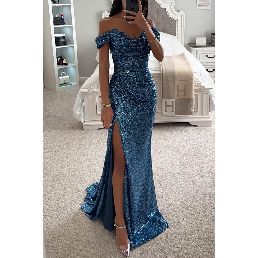 Glitzerndes Damen Abendkleid Schulterfreies Maxikleid mit Schlitz für Hochzeit & Fest | EB