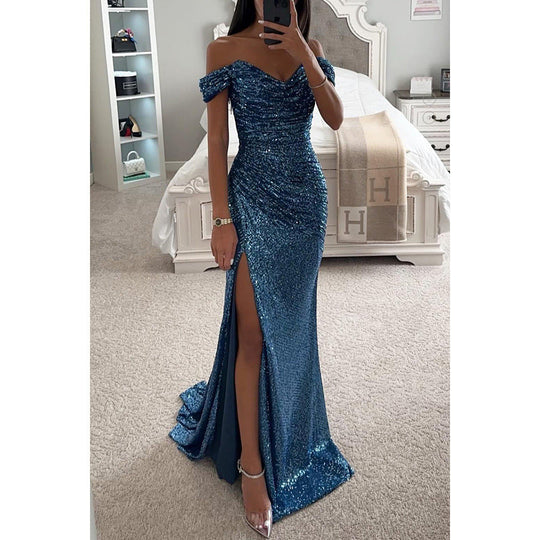 Glitzerndes Damen Abendkleid Schulterfreies Maxikleid mit Schlitz für Hochzeit & Fest | EB