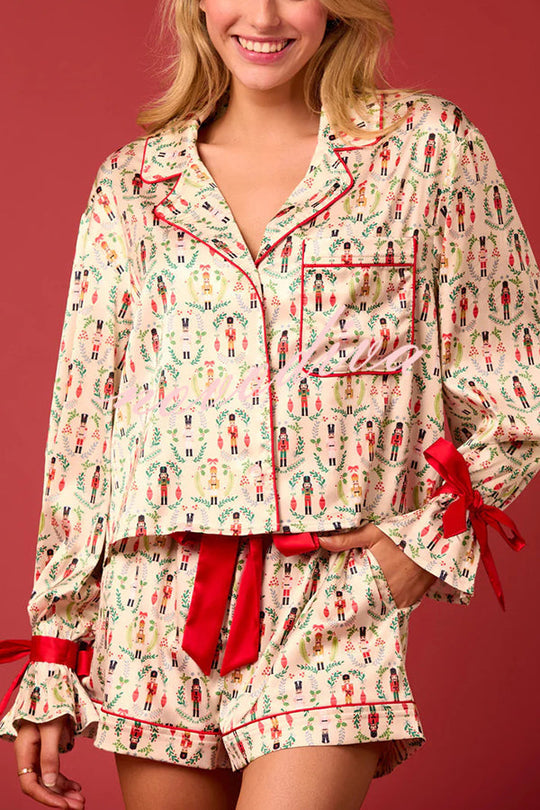 EB | Weihnachtsdruck Schnürung Bündchen Oberteil und elastischer Taillenbund Taschen Freizeit Shorts Set