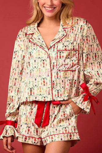 EB | Weihnachtsdruck Schnürung Bündchen Oberteil und elastischer Taillenbund Taschen Freizeit Shorts Set