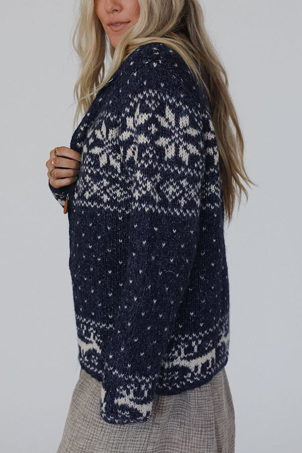 EB | Weihnachts-Schneeflocken-Elch-Reißverschluss Langarmpullover