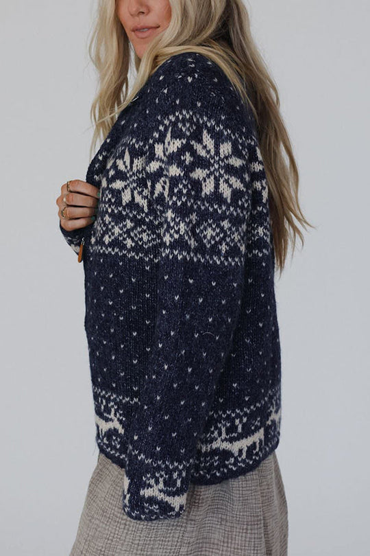 EB | Weihnachts-Schneeflocken-Elch-Reißverschluss Langarmpullover