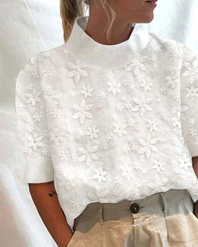 EB - Top mit besticktem, einfarbigem Stehkragen