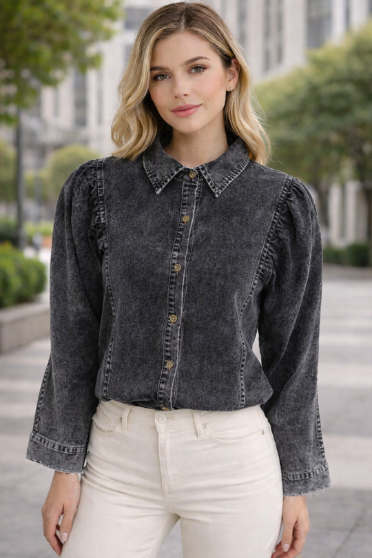 EB | Denim-bluse mit Puffärmeln Baumwolle Klassischer und Eleganter Stil