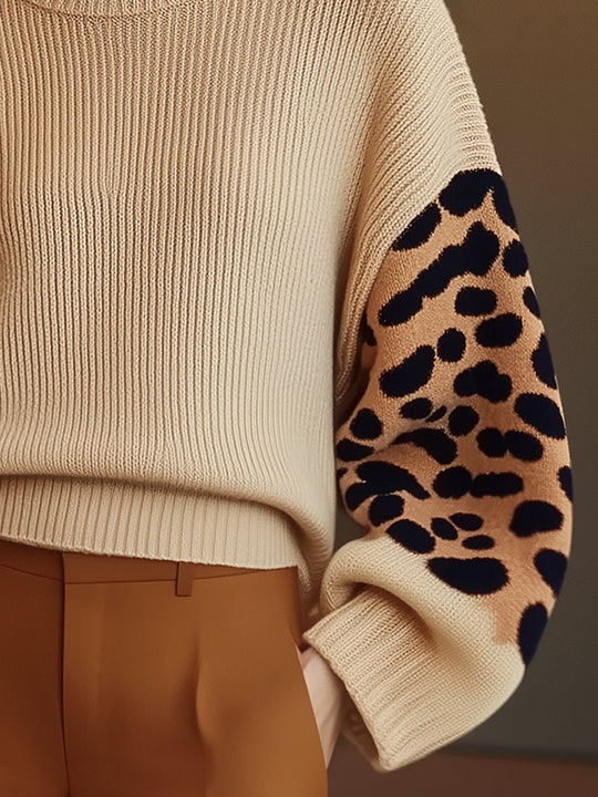 EB | Rollkragen-strickpullover Leopardenärmel Modernes Aussehen