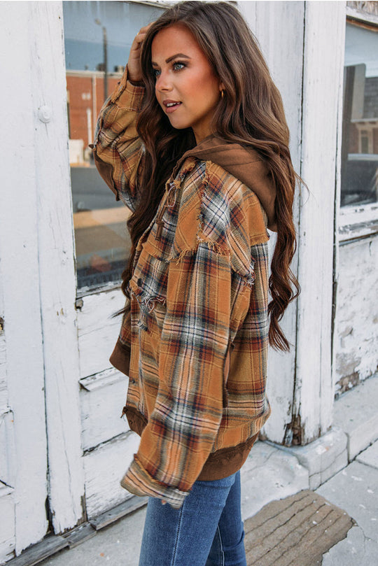 EB | Karierte Jacke mit Kapuze und Rohen Kanten Baumwolle Lässig und Trendy