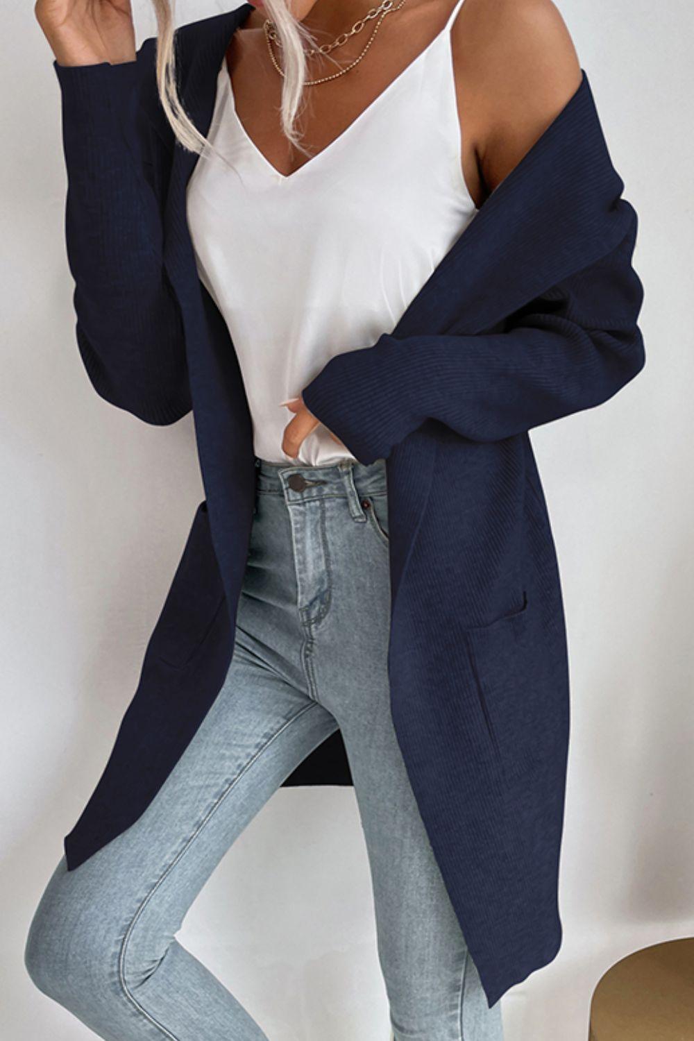 EB | geripptes offen-front Cardigan mit Kapuze und Taschen