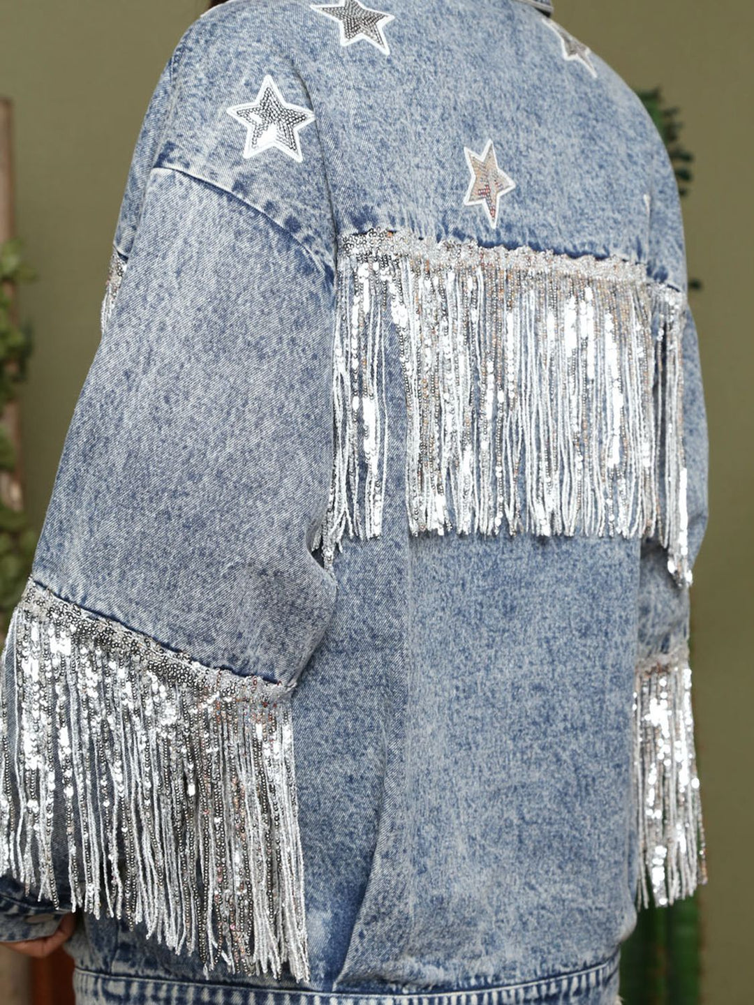 EB | Fransen Details Lange Ärmel Denimjacke