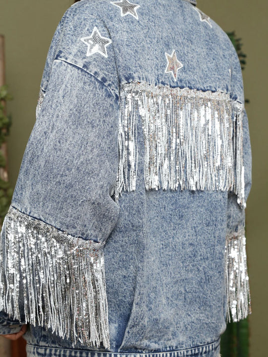 EB | Fransen Details Lange Ärmel Denimjacke