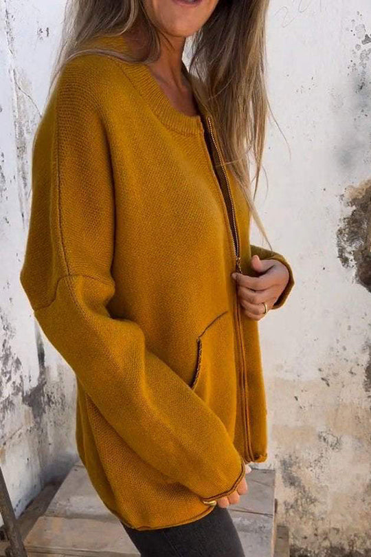 EB | Farbe Rundhalsausschnitt Langarm Freizeit Reißverschluss Tasche Strickjacke