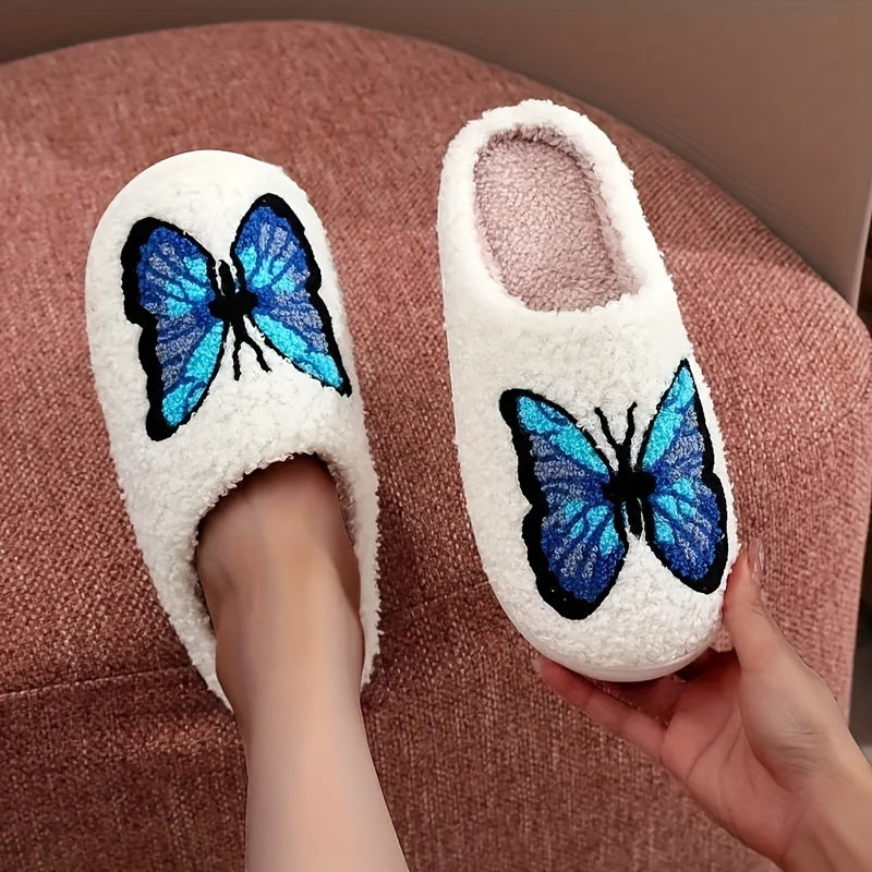 Weiß Flauschige Slipper Mit Blauem Schmetterlingsmotiv EB