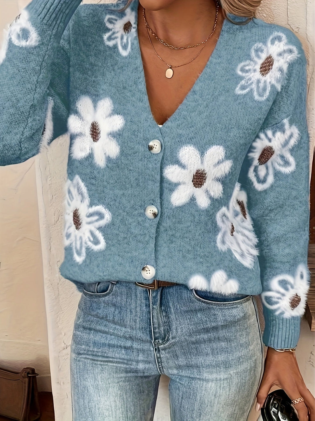 EB | Weiche Strickjacke mit Blumenmuster Acryl Wärme und Stil