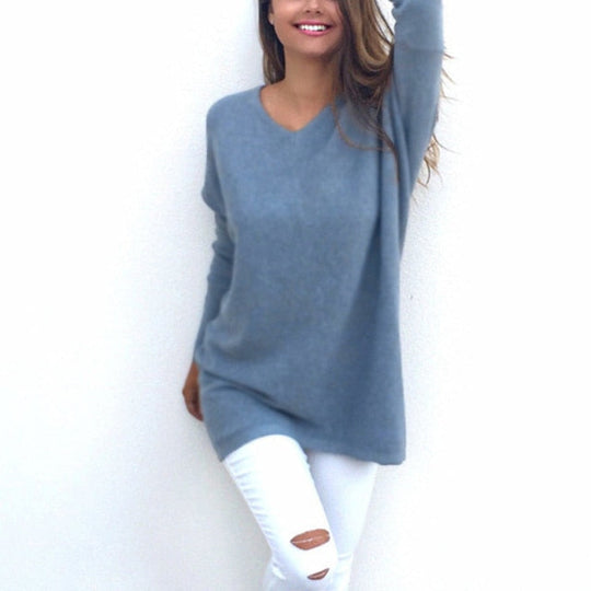 EB - Sweater |Eleganter langer Pullover mit V-Ausschnitt für Damen