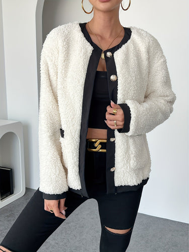 EB | Kurze Teddyjacke mit Kontrastkanten Polyester Stilvoll und Bequem