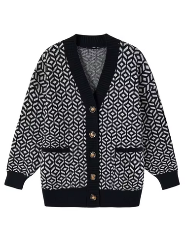 EB | Strickcardigan mit geometrischem Muster und Knopfleiste