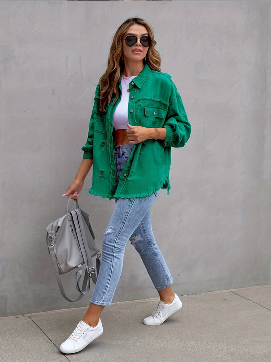 EB | Denimjacke Boho Nicht Dehnbar, Einfarbig, Knopfverschluss