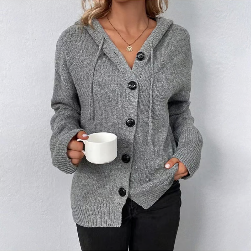 EB | Damen Cardigan Weicher Strick Oversized-Passform Knopfverschluss Kapuze Gerippter Saum