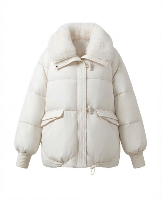 Damen nan moderner Oversize-Puffer mit voluminösem Teddykragen, verdecktem Zweiwege-Reißverschluss und regulierbarem Saum EB