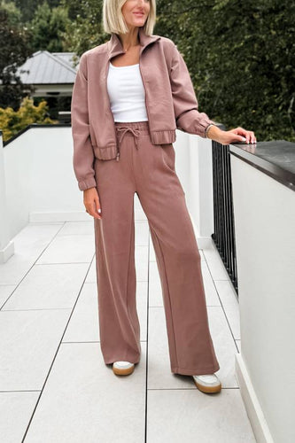 EB | Sleek Full Zip Jacke und Hohe Taille Elastischer Bund Taschen Weite Beinform Sweatpants Set
