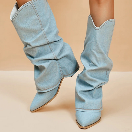EB | Gefaltete Denim-Stiefel mit Blockabsatz