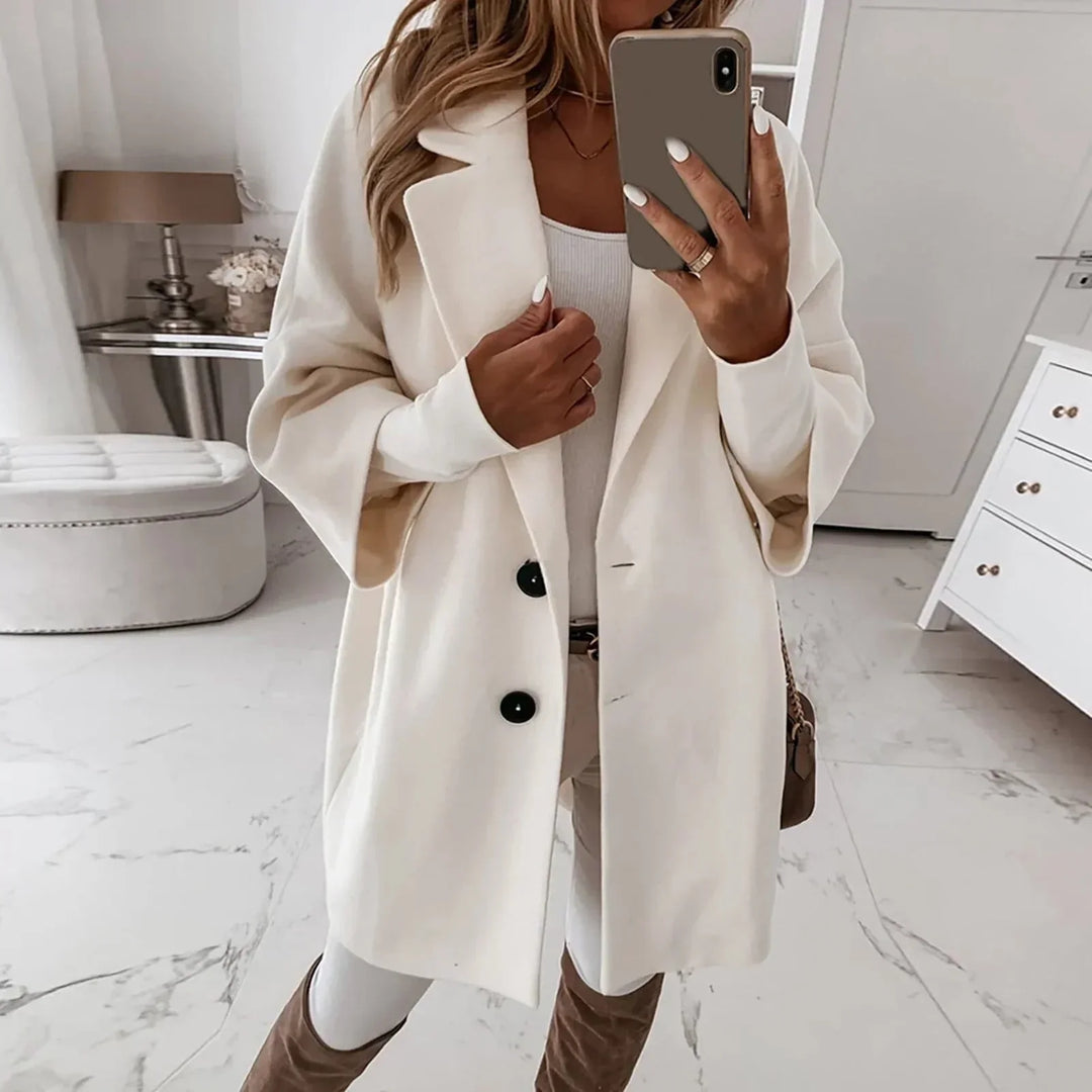EB | Schlichte Lange Jacke mit Knopfdetails Wollmischung Minimalistische Eleganz
