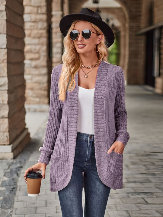 EB | Damen Gerippter Offener Vorderseite Strickjacke Lange Ärmeln Lässig Strickpullover mit Taschen